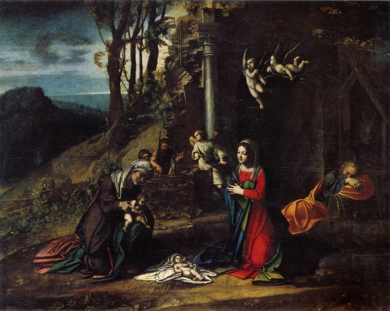 Italiano: Natividade com os Santos Isabel e João Natividade com os Santos Isabel e João Batista de Antonio da Correggio