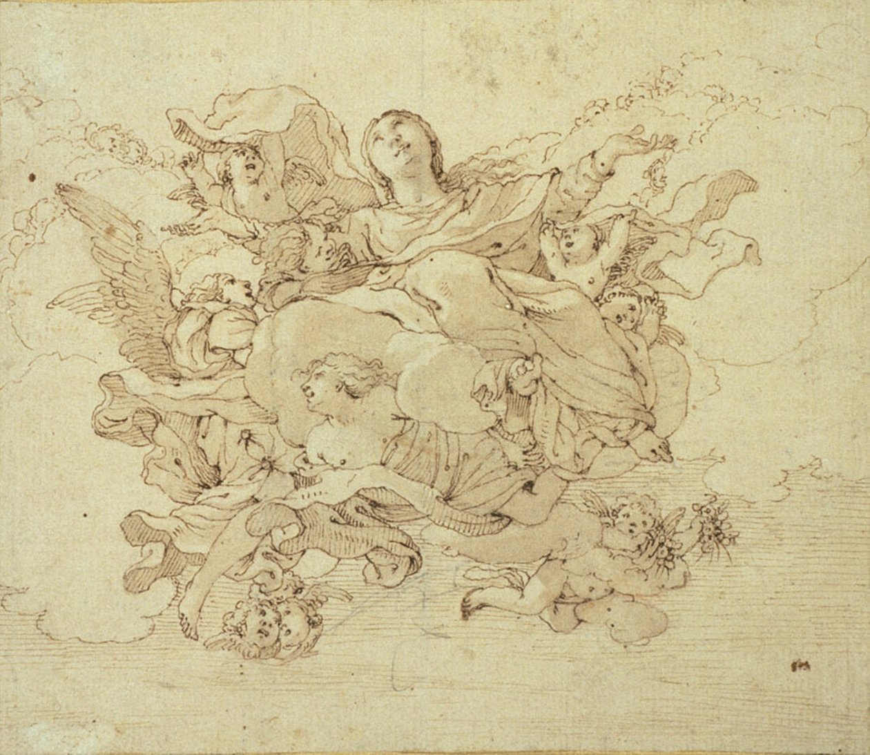 Virgem nas nuvens, apoiada por anjos de Antonio da Correggio