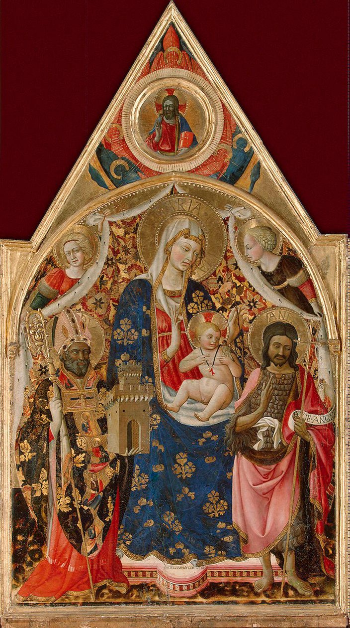 Madonna e Criança, com um Bispo, São João Batista e Anjos, início do século 15. de Antonio da Firenze