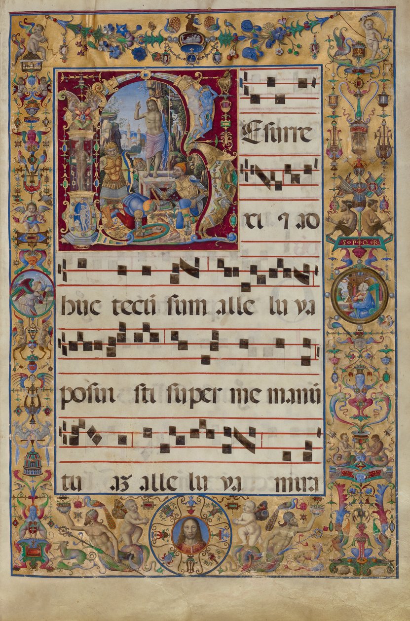 O Gradual. R inicial: A Ressurreição, c.1500 (tempera, folha de ouro e tinta sobre pergaminho) de Antonio da Monza