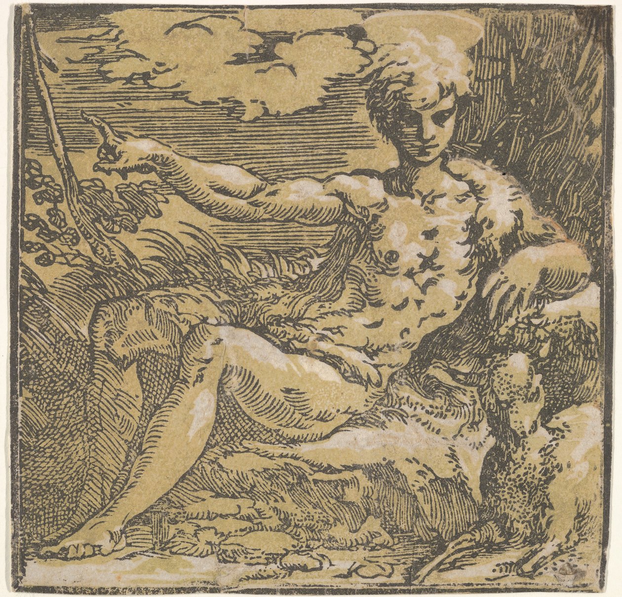São João Batista no deserto, um cordeiro ao seu lado, ca. 1527-30. de Antonio da Trento
