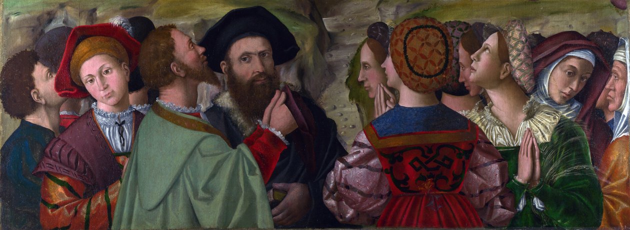 "A Família Giusti de Verona, Itália" Pintura de Antonio da Vendri (c. 1476-1555), óleo sobre tela, 55 x 153 cm, c. 1520 London National Gallery de Antonio da Vendri
