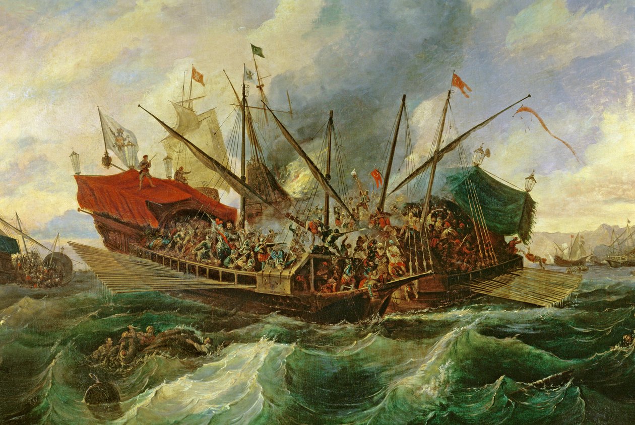 A batalha naval de Lepanto entre a Liga Sagrada e os turcos em 1571 (óleo sobre tela) (detalhe) de Antonio de Brugada