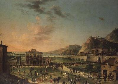 Um capriccio panorama da viagem de Carlos III Rei das Duas Sicílias, da sua villa em Portici ao Palazzo Farnese em Roma de Antonio de dipi (attr. to) Joli