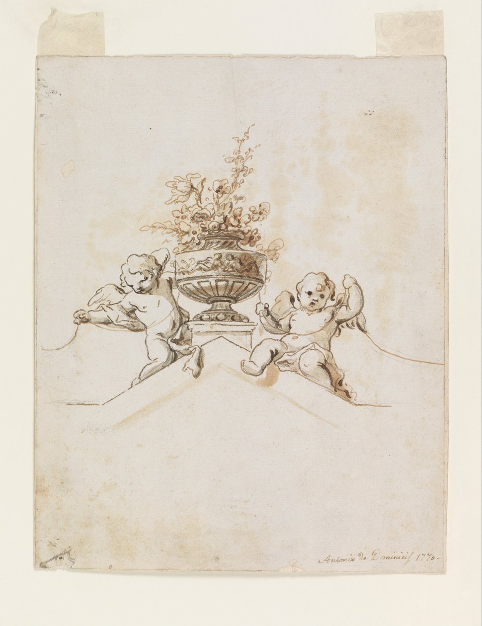 Dois Putti ao lado de um vaso com flores de Antonio di Dominici