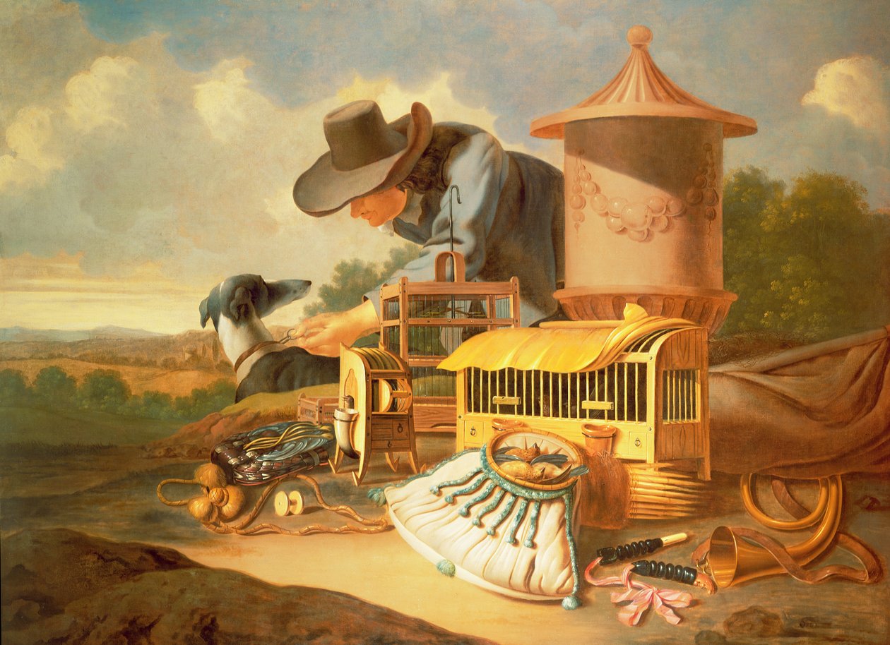 A Birdcatcher e seu cão (óleo) de Antonius Leemans