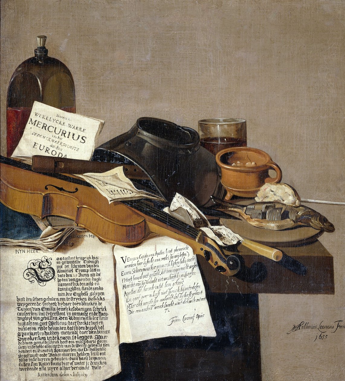 Natureza morta com panfletos um violino, flauta, comida e panfletos de Antonius Leemans