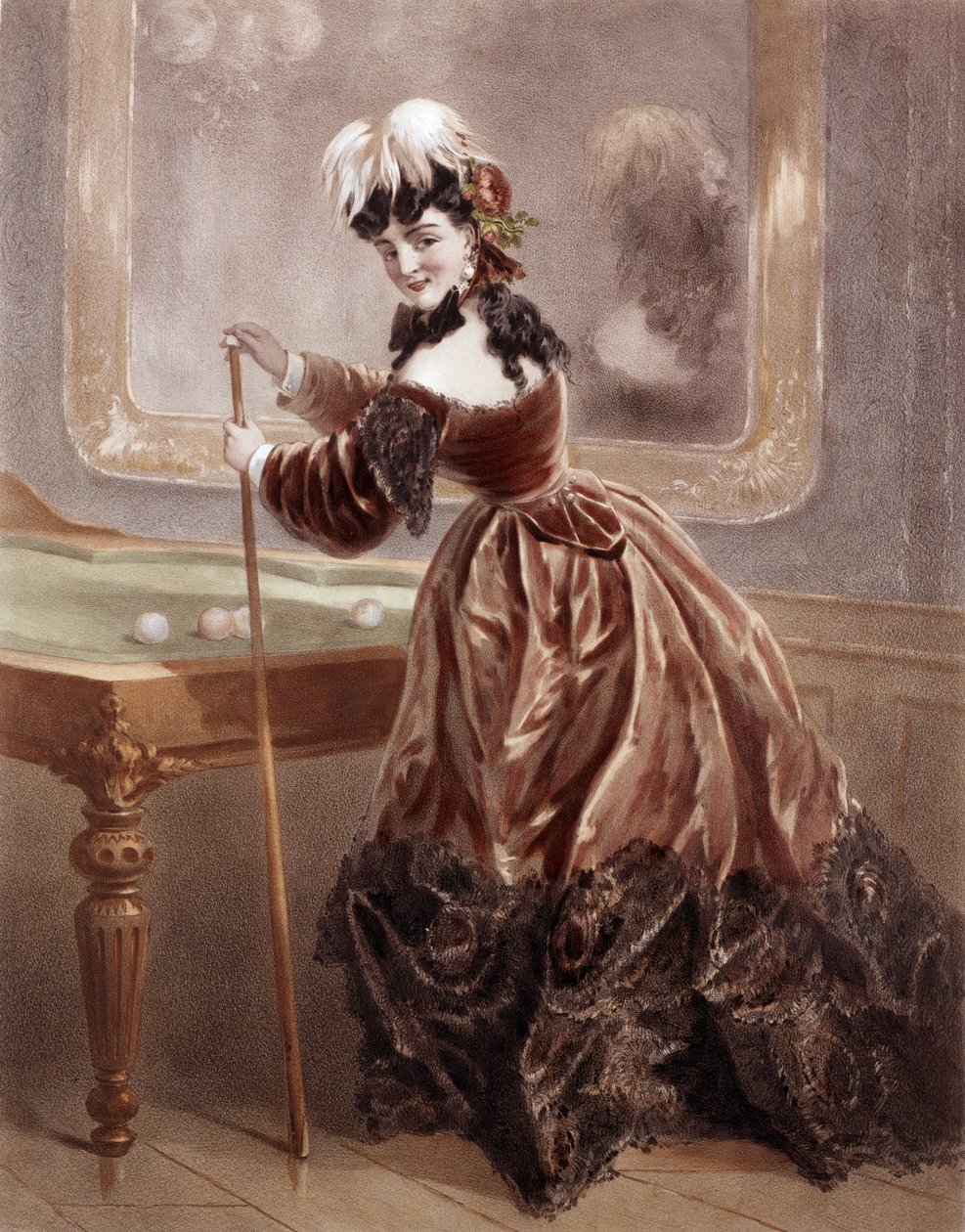 Uma cortesã na época do 2º Império jogando bilhar (gravura colorida) de Antony Paul Emile Morlon