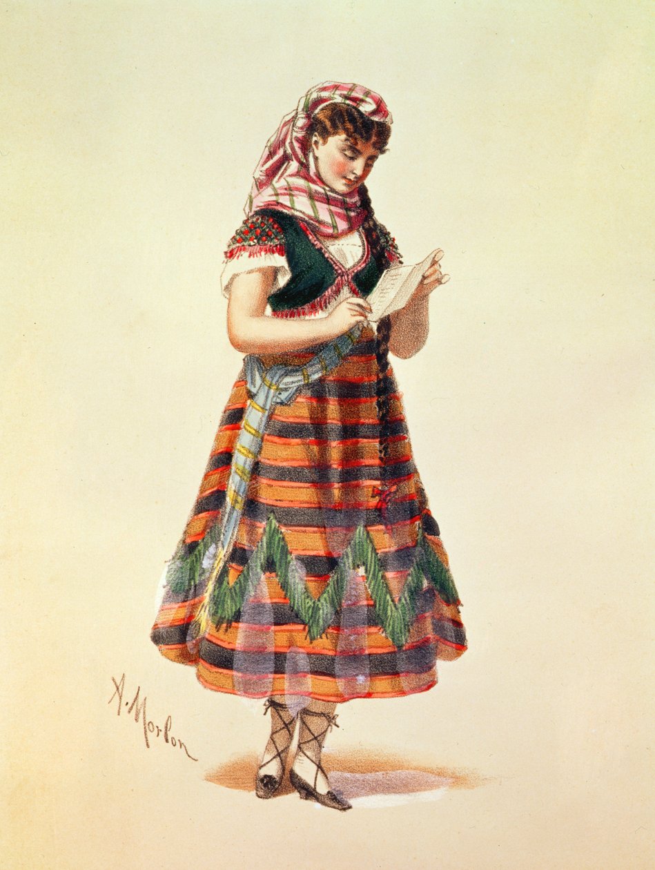 Hortense Schneider em seu papel na opereta de Offenbach "La Perichole", ilustração de "Trajes de teatros de Paris" de Antony Paul Emile Morlon