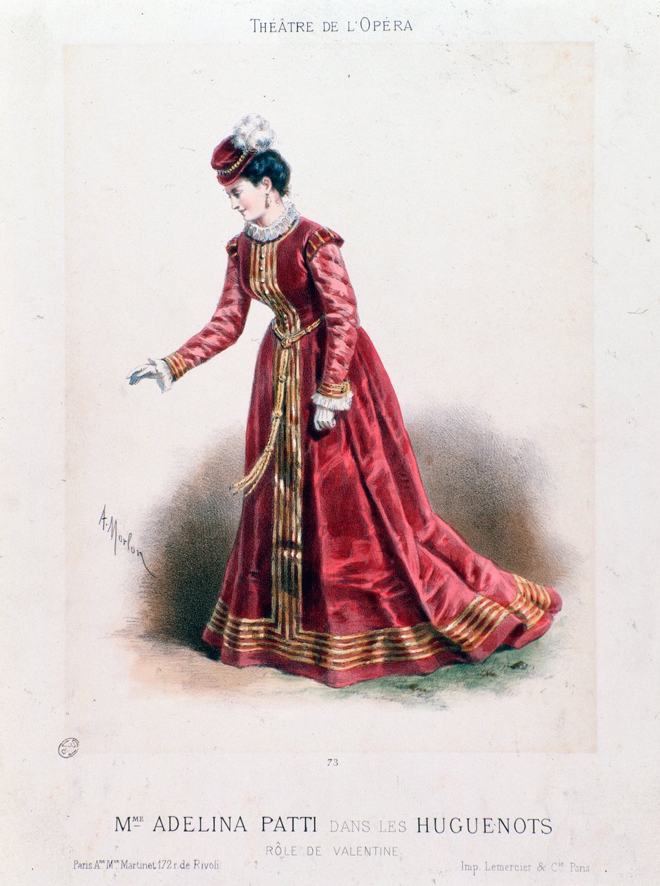 Retrato do cantor Adeline Patti (1843-1919) como Valentim na ópera de Les Huguenots por Giacomo Meyerbeer (1791-1864). de Antony Paul Emile Morlon