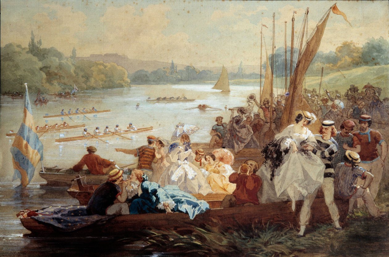 Regista um piquenique Argenteuil Parisiens no domingo às margens do Sena, onde se realizam provas de remo. Aguarela de Antony Morlon (1834-1914) de Antony Paul Emile Morlon