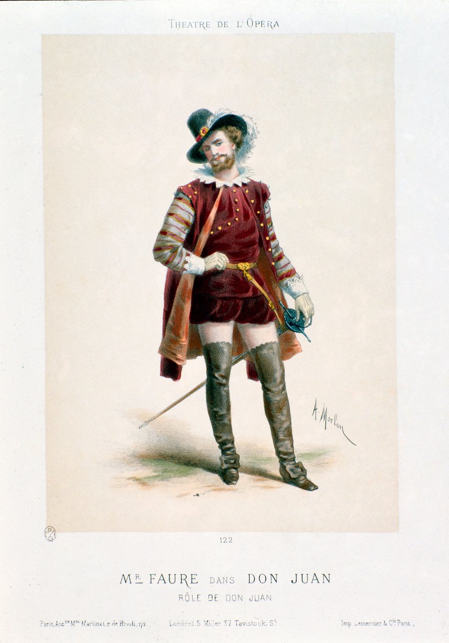 O cantor Jean-Baptiste (Jean Baptiste) Faure (1830-1914) interpretando Don Giovanni (Don Juan) na ópera homônima de Wolfgang Amadeus Mozart (1756-1791) durante uma apresentação no Teatro da Ópera em Paris. Litografia de Antony Morlon (1834-1914) Colle de Antony Paul Emile Morlon