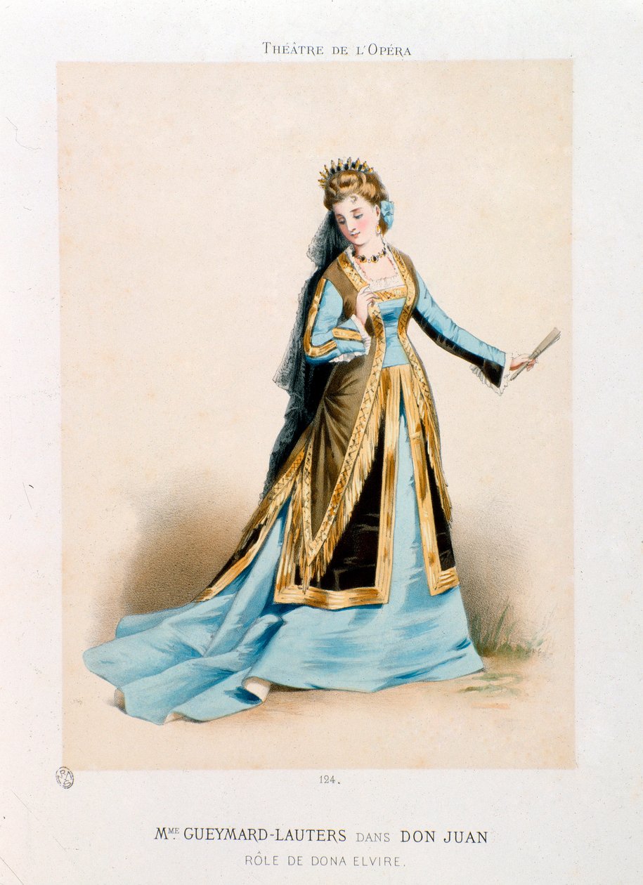 A cantora Pauline Lauters-Gueymard (Lauters Gueymard) (1834-1876) interpretando Dona Elvire na ópera Don Giovanni (Don Juan) (1756-1791), de Wolfgang Amadeus Mozart, durante uma apresentação no Teatro da Ópera em Paris. Litografia de Antony Morlon (1834-19 de Antony Paul Emile Morlon