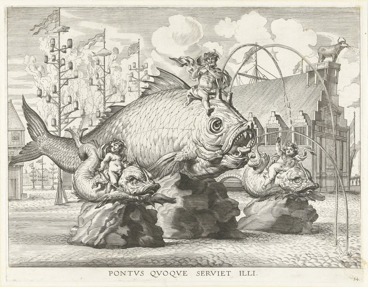 Espectáculo com Tritão sobre um peixe gigante; entrada de Fernando em Gand em 1635
Pontvs Qvoqve servet illi (título sobre o objecto) de Antony van der Does