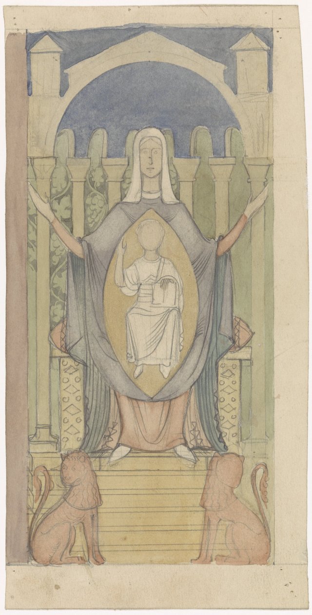 Maria com o Menino Jesus sentado no trono de Salomão de Antoon Derkinderen