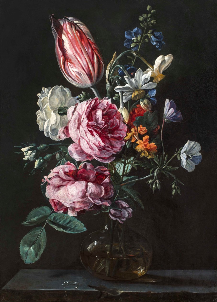 Um Bouquet de Narciso, Tulipa de Papagaio, Rosas e Outras Flores num Vaso de Vidro sobre um Plinto de Pedra, c.1650s (óleo sobre cobre) de Antwerp School