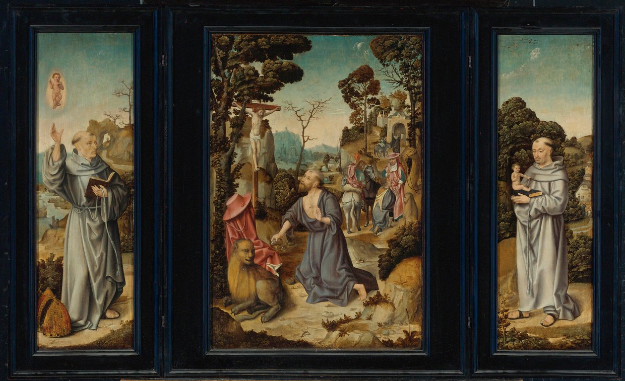 Um Tríptico: Cenas da vida de São Jerónimo, Santo António de Pádua, São Bernardo de Clairvaux de Antwerp School c. 1525 3