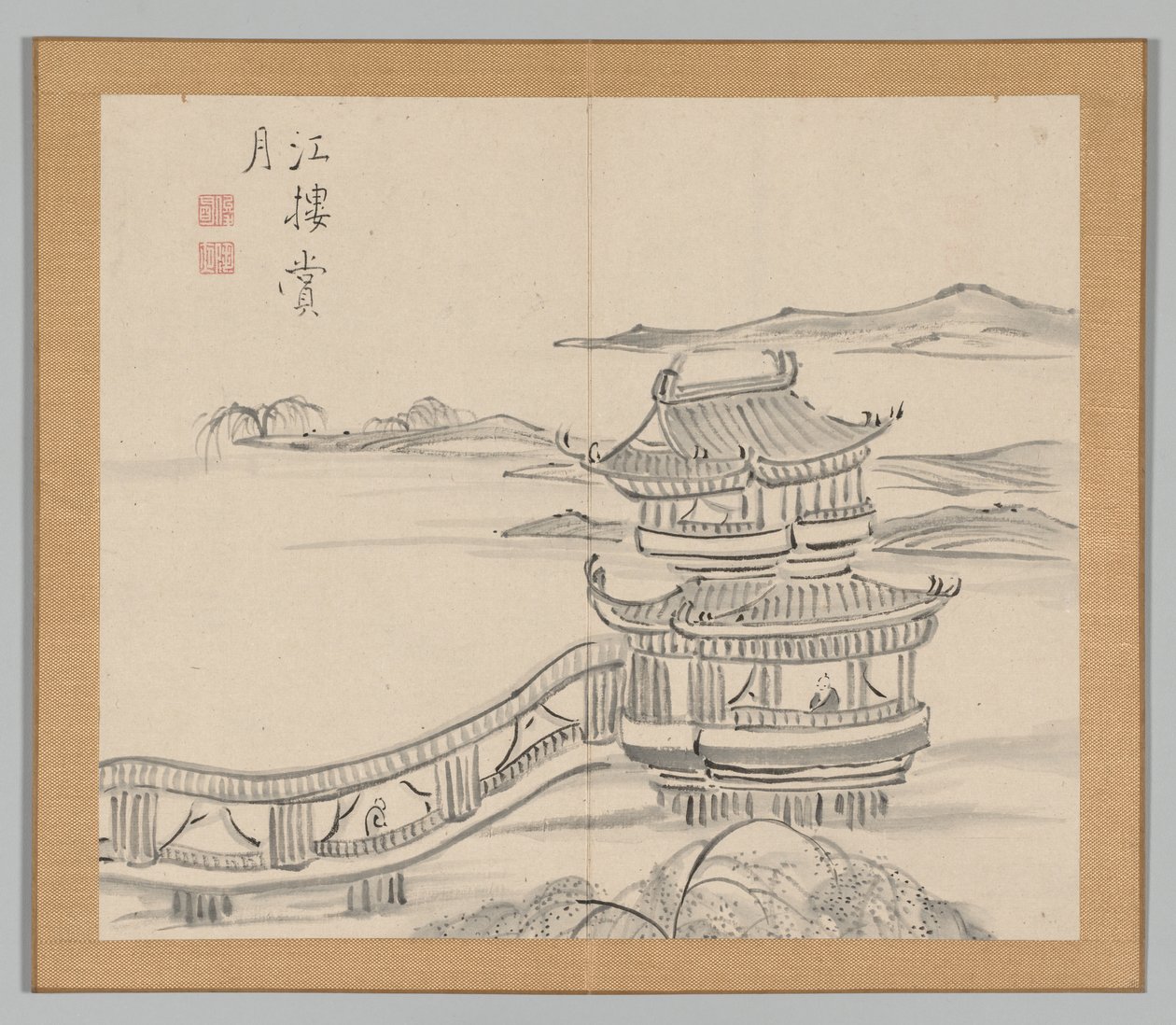 Álbum Duplo de Estudos da Paisagem após Ikeno Taiga, Volume 2, folha 25, século XVIII. de Aoki Shukuya