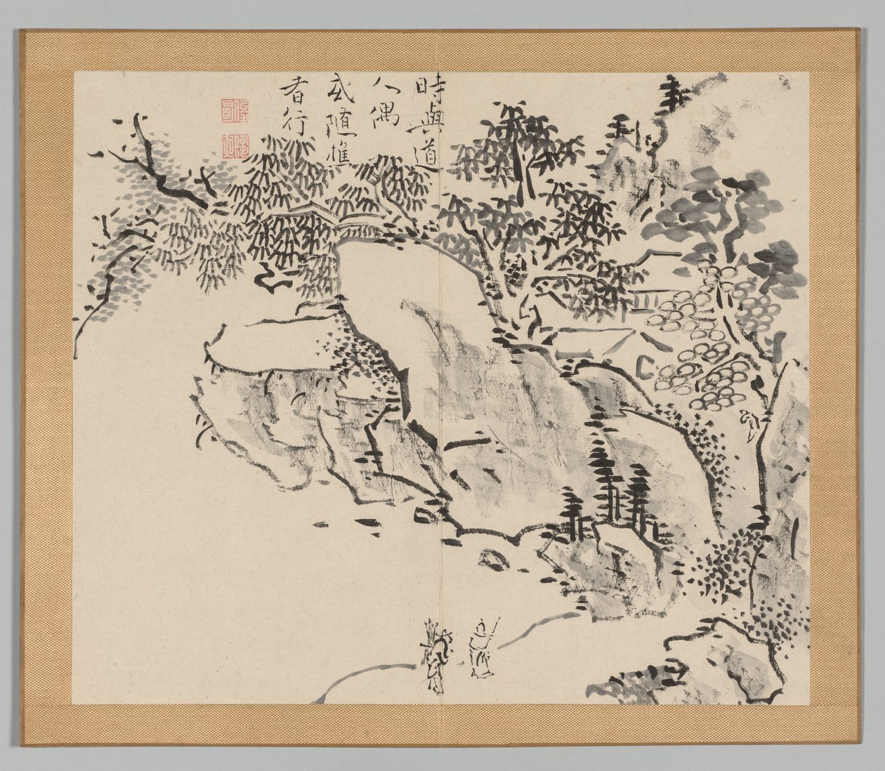 Álbum Duplo de Estudos da Paisagem após Ikeno Taiga, Volume 2, folha 34, século XVIII. de Aoki Shukuya