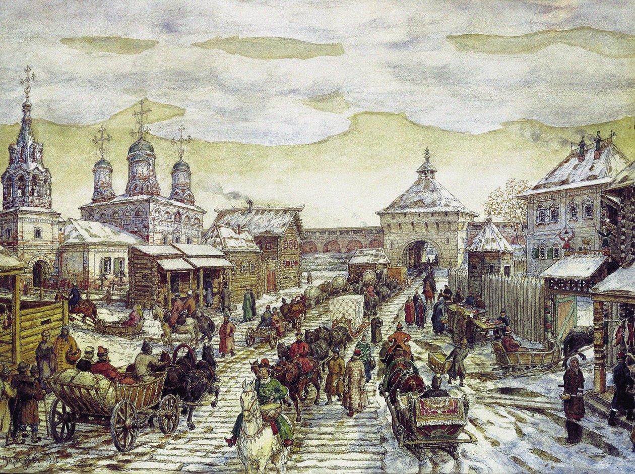 Nos portões Myasnitskaya do Bely Gorod de Moscou no século XVII, 1926 de Apollinari Mikhailovich Vasnetsov