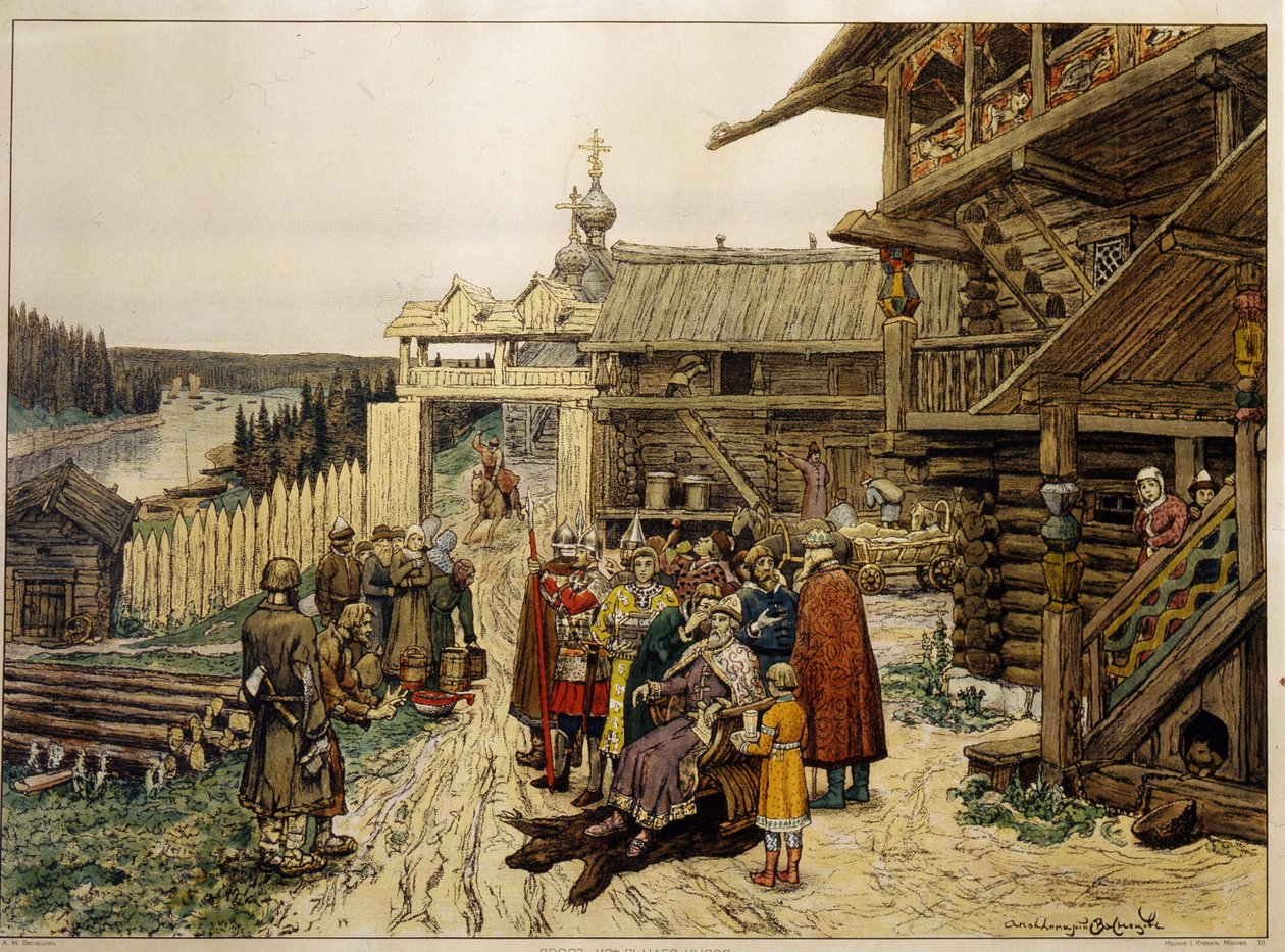 Corte feudal de um príncipe russo (Numa aldeia medieval, o senhor senta-se numa cadeira no pátio de uma casa de madeira, rodeado pelos seus soldados e conselheiros, ouvindo as queixas dos camponeses). Trabalho de Appolinari Mikhaylovich Vasnetsov de Apollinari Mikhailovich Vasnetsov
