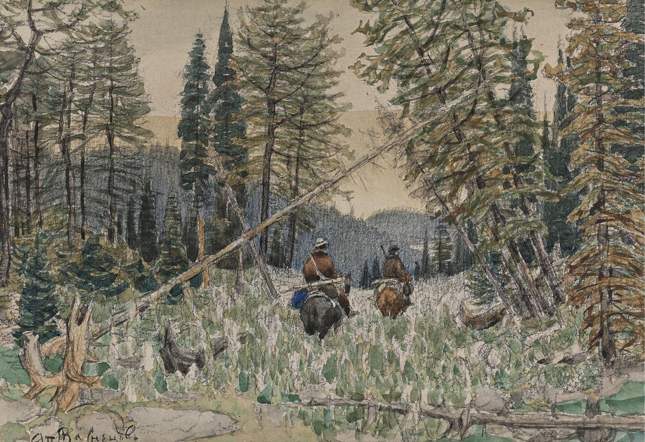 Caçadores a cavalo em uma floresta de pinheiros de Apollinari Mikhailovich Vasnetsov