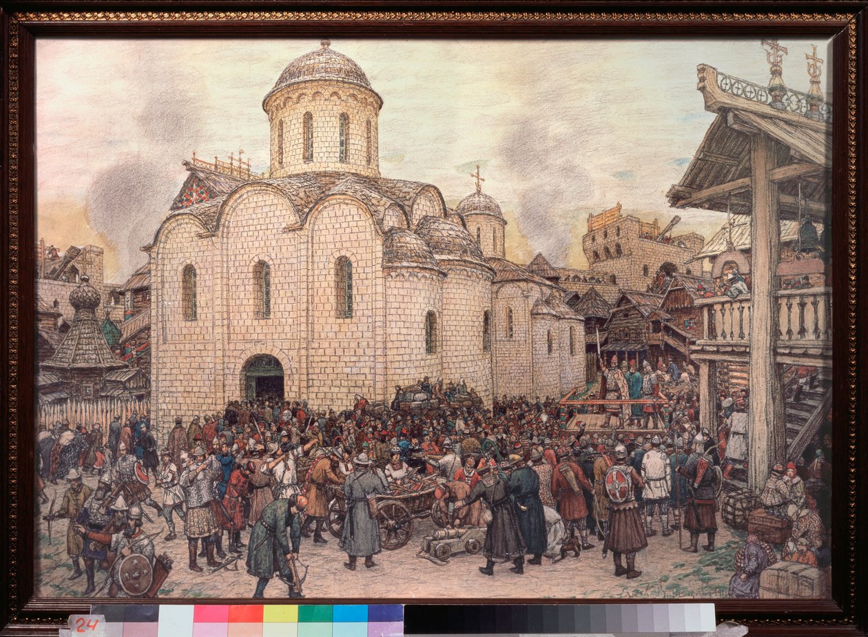 A invasão de Moscou pelo Khan Tokhtamych (Toqtamych) (falecido em 1406), em 1382 (Captura da cidade pela Horda Dourada) - Obra de Appolinari Mikhaylovich Vasnetsov (1856-1933), aquarela e carvão sobre papel de Apollinari Mikhailovich Vasnetsov