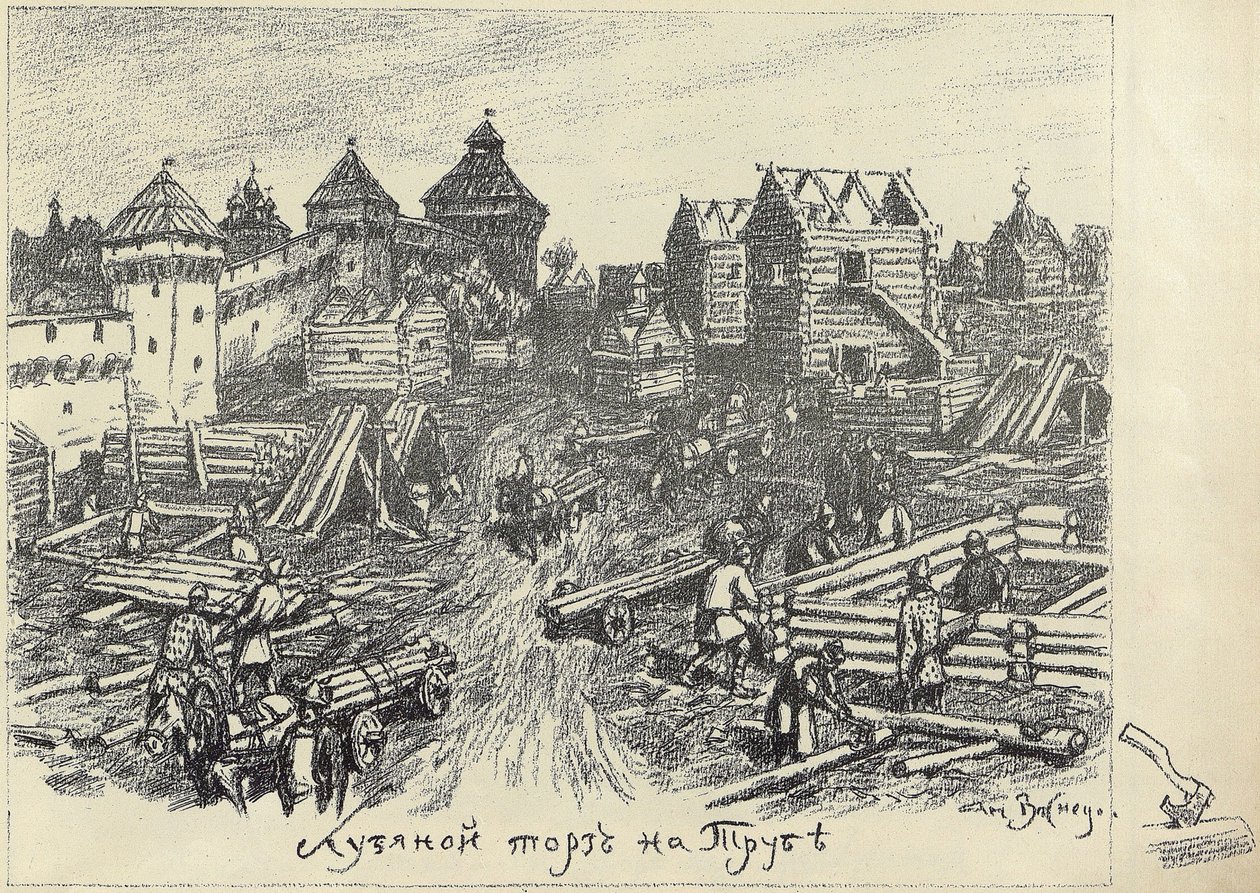 Mercado de madeira de Lubyanoi Rynok no quadrado de Truba Trubnaya em Moscou, início dos anos 20. de Apollinari Mikhailovich Vasnetsov