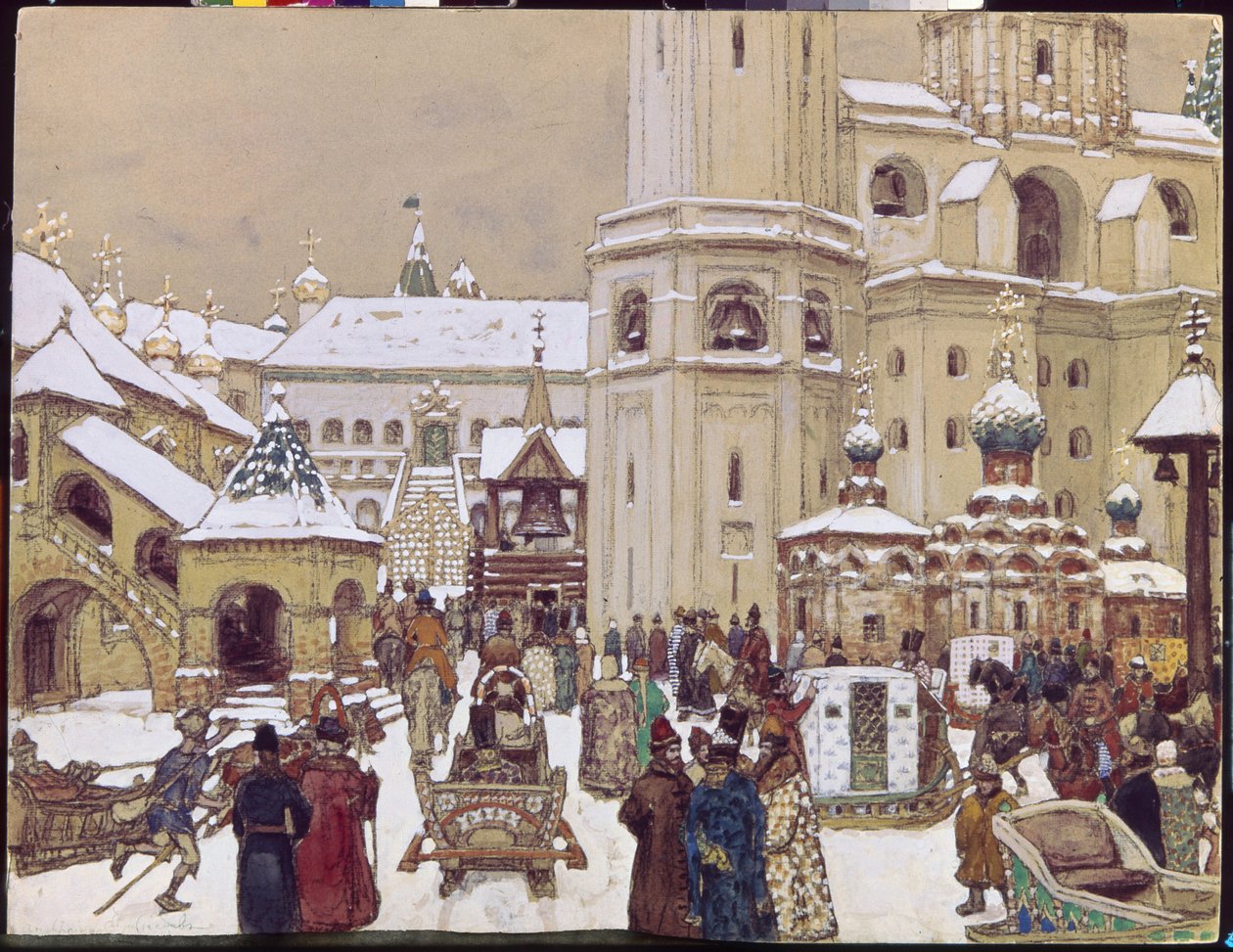 Ivan, a Grande Praça, no Kremlin, século XVII. (Praça da Catedral, Moscovo). Trabalho de Appolinari Mikhaylovich Vasnetsov (1856-1933), lápis e aguarela sobre papel de Apollinari Mikhailovich Vasnetsov