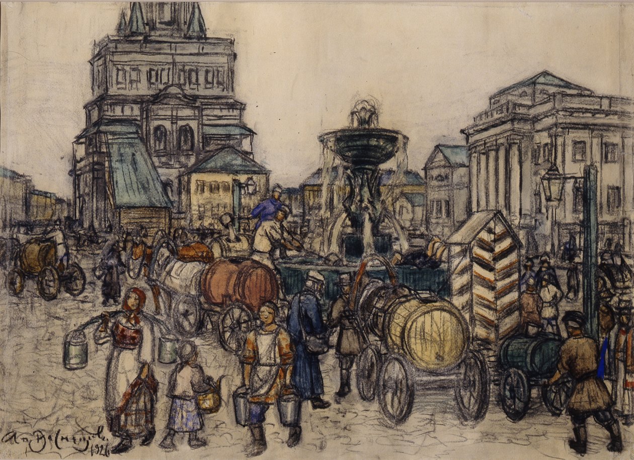 A fonte na Praça Sukharevskaya no século XIX, 1921 de Apollinari Mikhailovich Vasnetsov