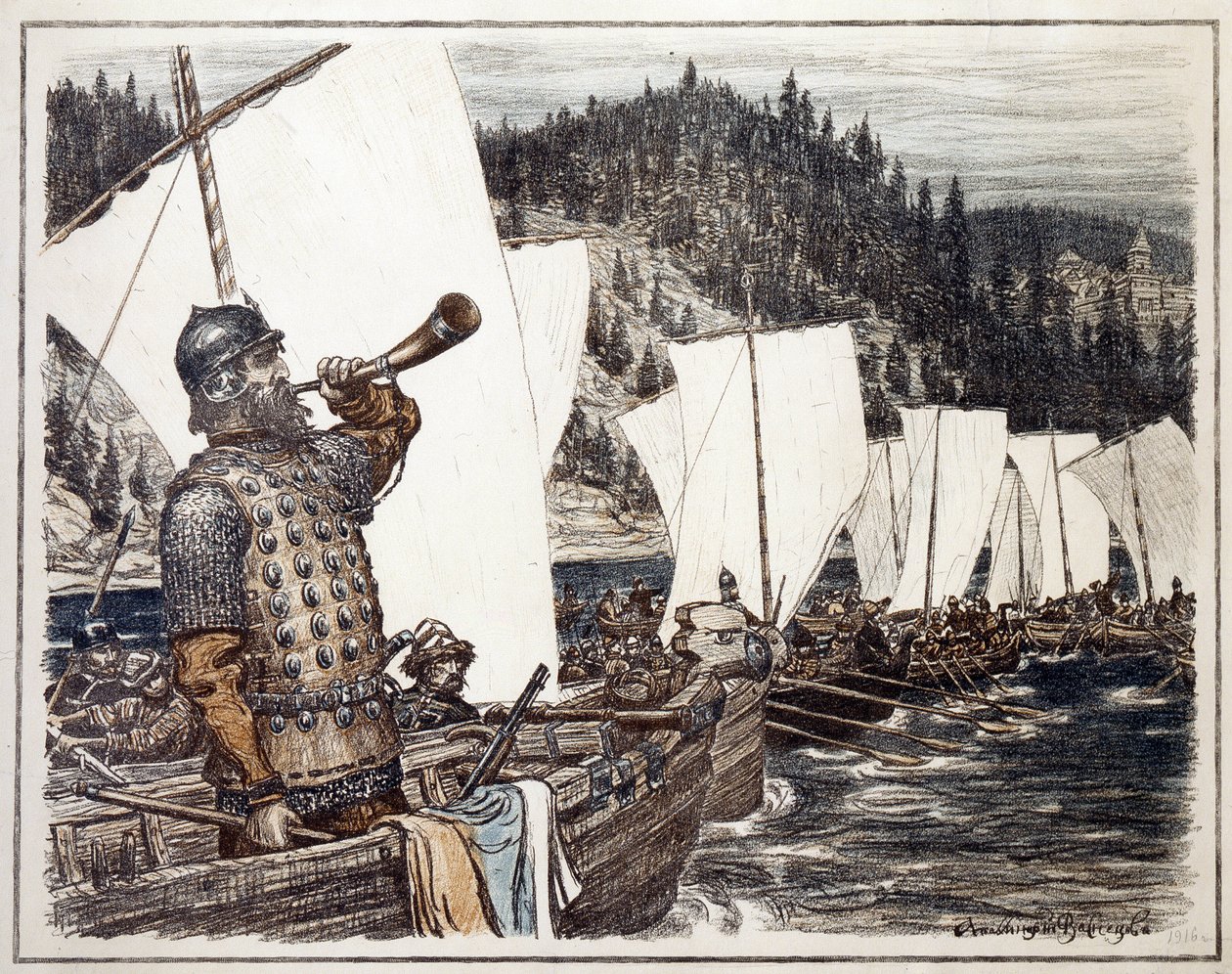 Yermak Timofeyevich (ca. 1540-1585) sobre o rio Irtysh. Episódio da exploração e conquista da Sibéria em 1583. Obra de Appolinari Mikhaylovich Vasnetsov (1856-1933), litografia 1916. Arte russa, 20 de Apollinari Mikhailovich Vasnetsov