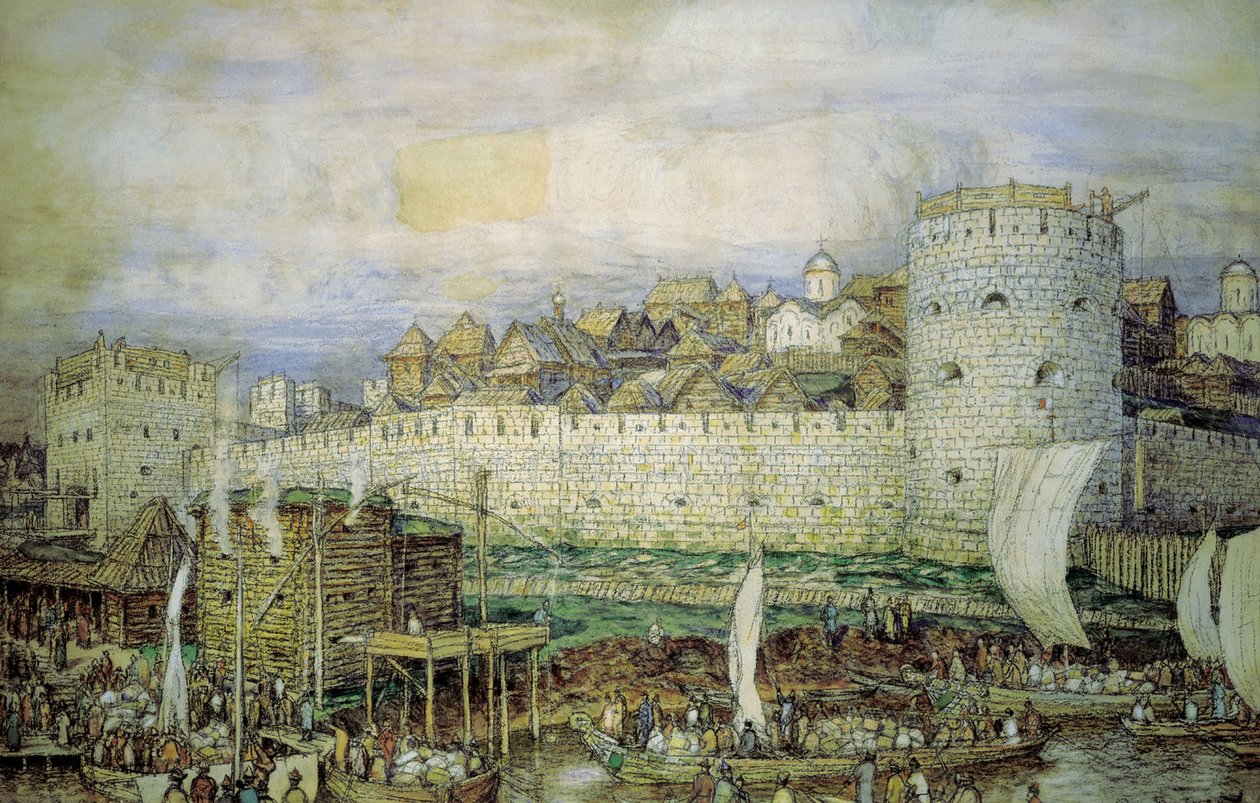 . XIV Provável vista do Kremlin de pedra branca de Dmitry Donskoy. O final do século 14 de Apollinari Mikhailovich Vasnetsov