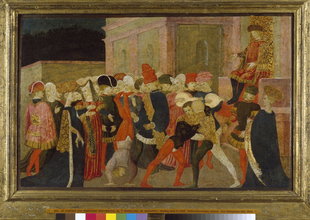 Um acrobata e lutadores realizando, século 15 (tempera no painel) de Apollonio di Giovanni di Tommaso
