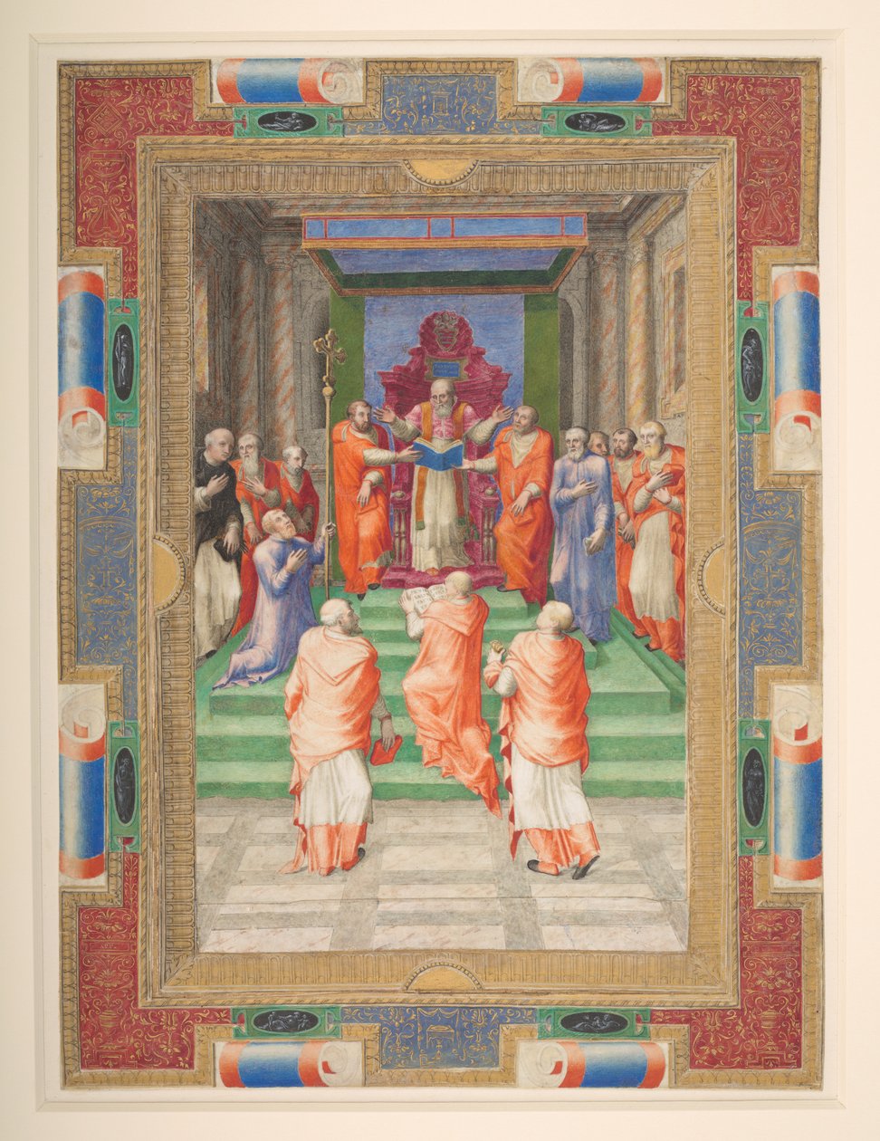 Uma cerimónia papal, Paulo IV ergue-se em frente ao trono papal, Acrescente. MS 35254 Q, c.1555-59 (vellum) de Apollonio di Bonfratelli