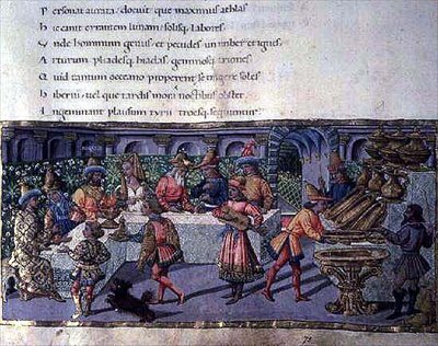 Ms 492 f.75 Cena do banquete, do Aeneid (vellum) de Apollonio di Giovanni di Tommaso
