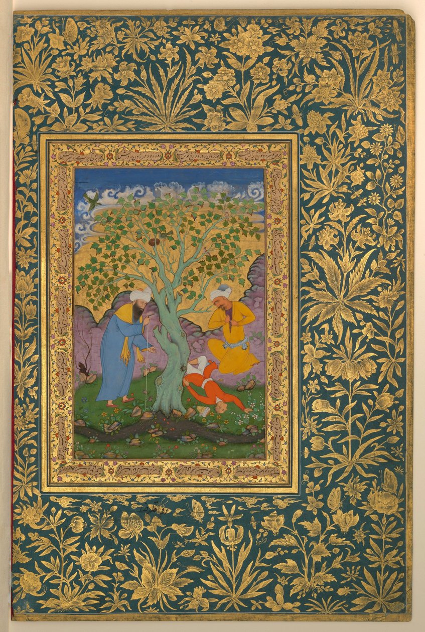Aqa Riza, um jovem caído de uma árvore, folio do álbum Shah Jahan de Aqa Riza