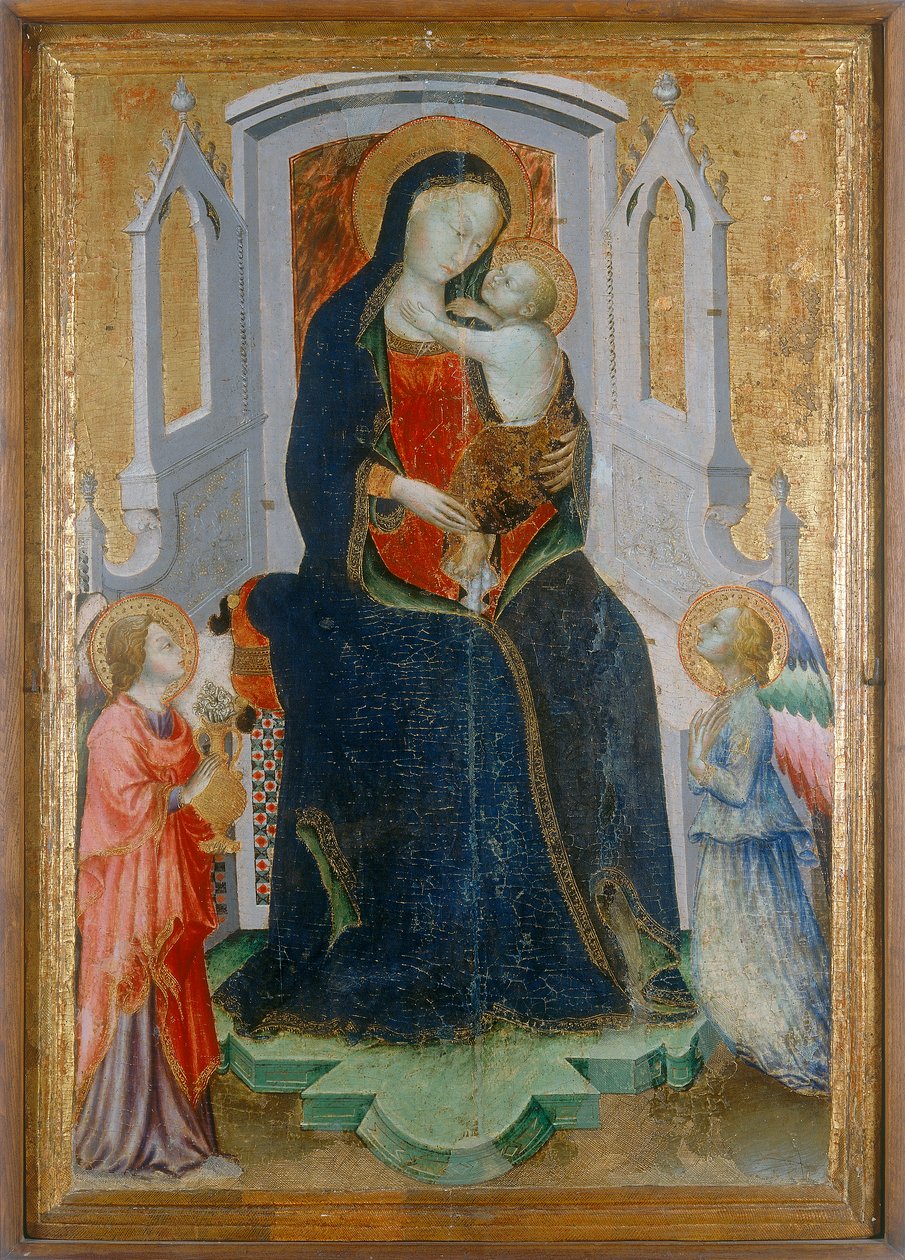 Madonna e Child entronaram com dois anjos de Arcangelo di Cola da Camerino