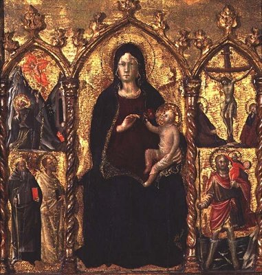Tríptico: Madonna e Criança (painel central) com Santos e uma cena da Crucificação (têmpera no painel) de Arcangelo di Cola da Camerino