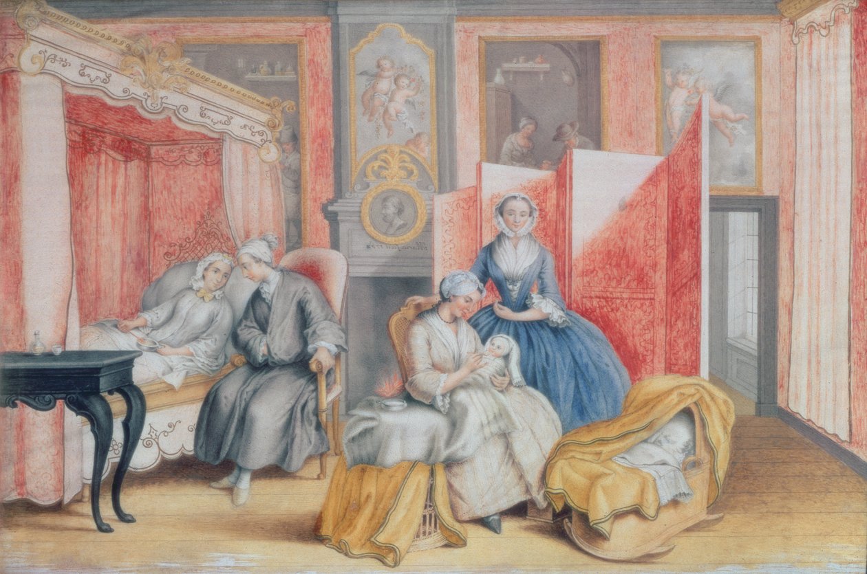 José II (1741-1790) à beira do leito de sua esposa Isabella de Parma após o nascimento de sua filha Maria Teresa (1762-1770), 1762 (guache) de Archduchess of Austria Maria Christine