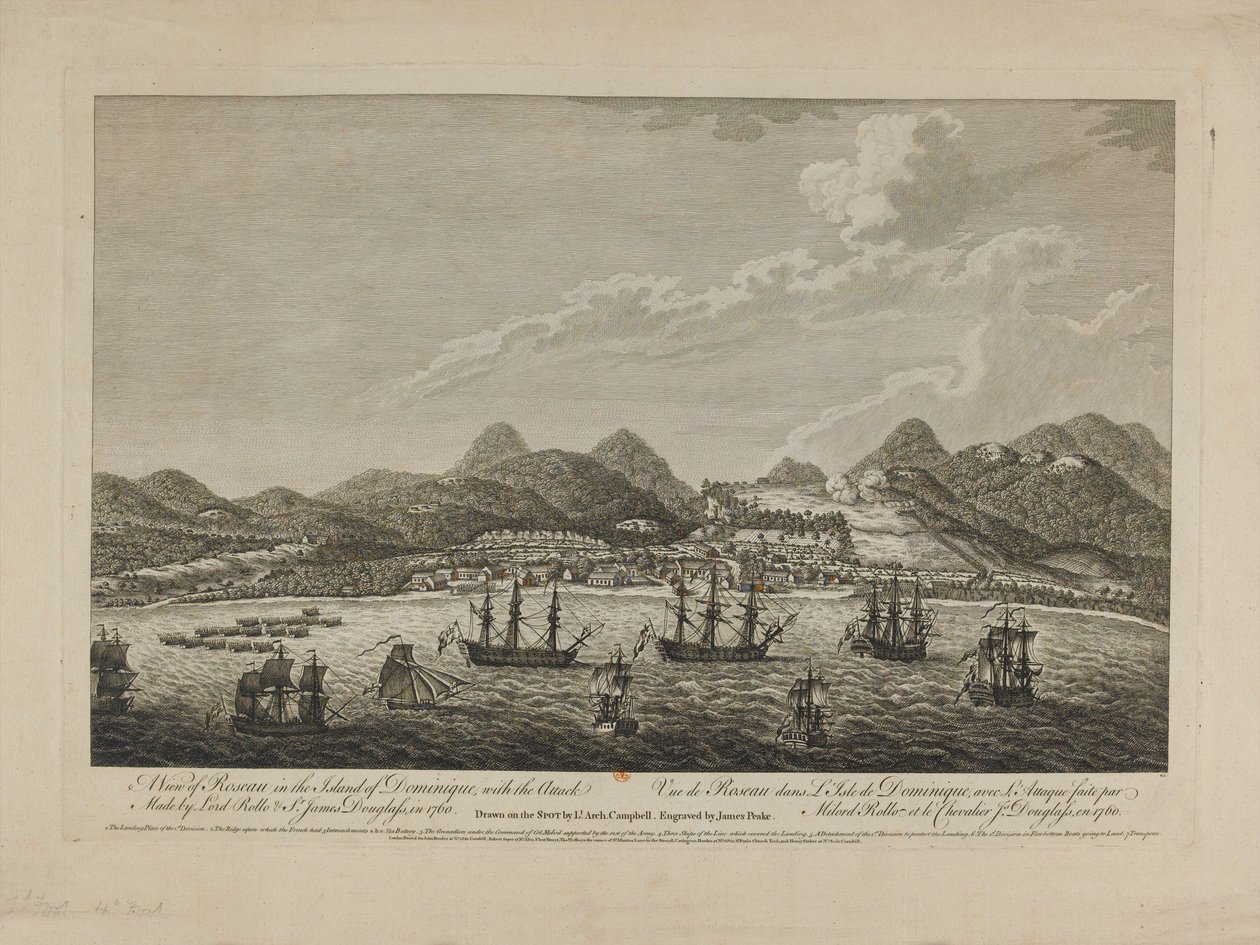 Vista de Roseau na Ilha de Dominique, com o ataque de 1760 feito por Lord Rollo (1703-65) e Sir James Douglas (1703-87) 1760, gravado por Benazech, publicado em 1761 (ver também 261028) de Archibald Campbell