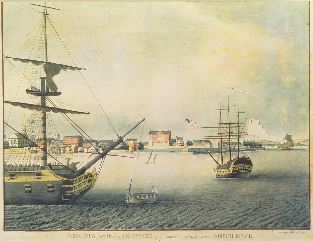 Vista de Nova York de &39;Le Jupiter&39; de 74 Guns Mentindo de âncora no North River, 1794 de Archibald Robertson