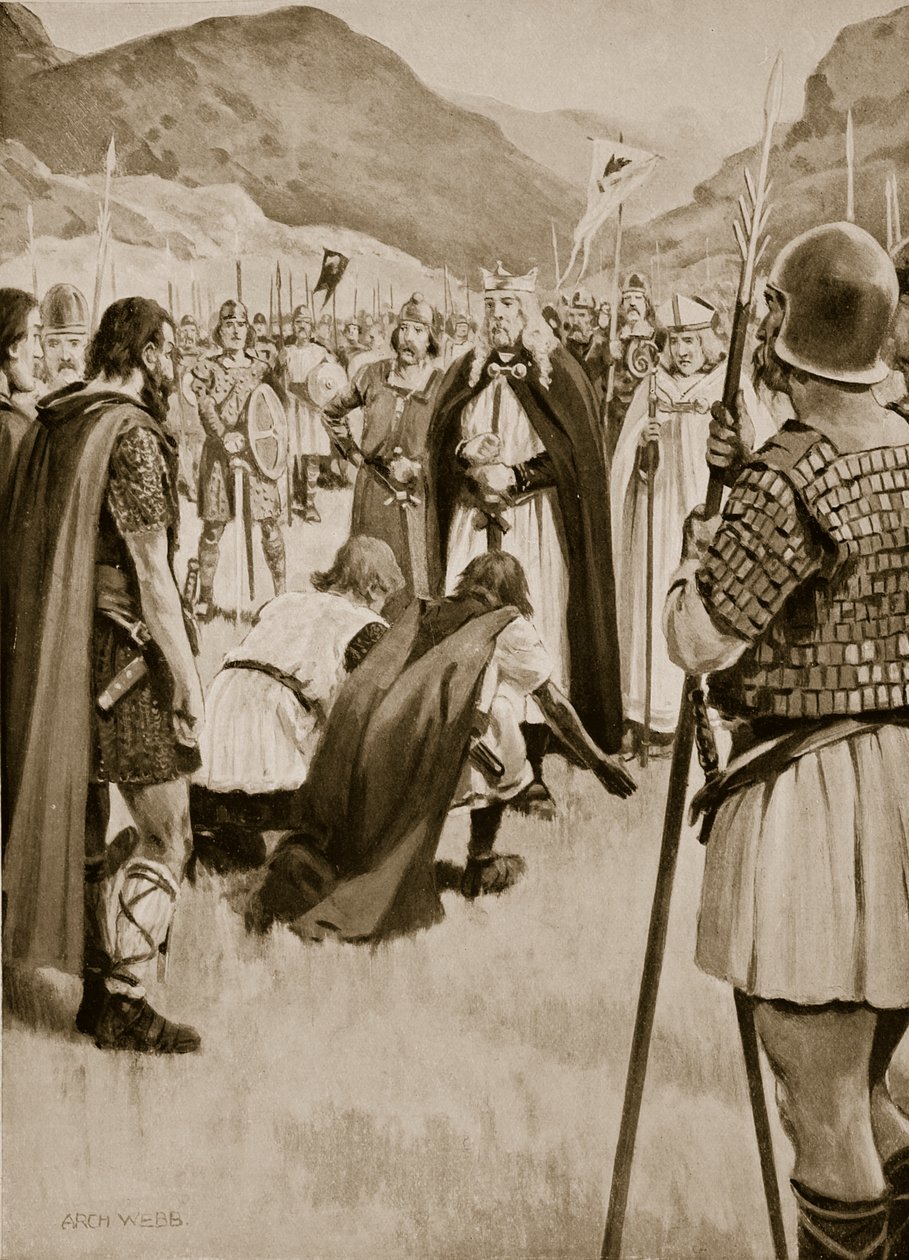 O Concílio de Dacor, 926, quando Athelstan expulsou Guthfrith, o jovem rei da Northumbria dinamarquesa, ilustração da "Hutchinson&39;s Story ofthe British Nation", c.1923 de Archibald Webb