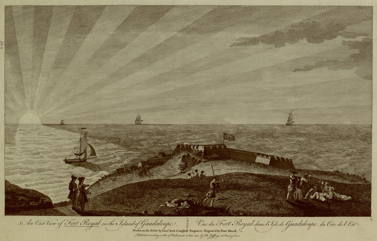 Um grupo de soldados descansa no topo de uma colina em primeiro plano, com Fort Royal além, navios à vela e o pôr-do-sol no mar em segundo plano de Archibald (after) Campbell