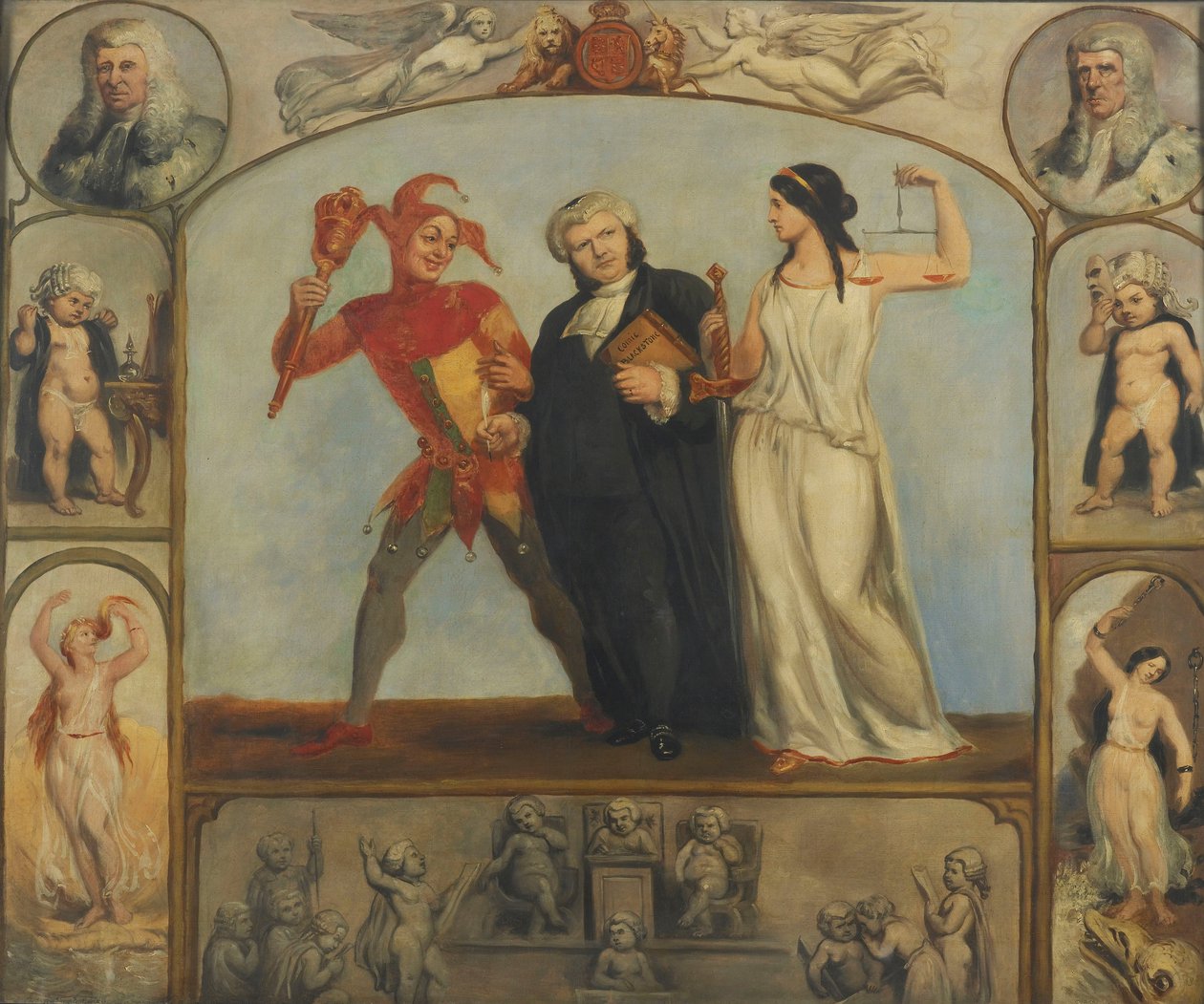 pintura; óleo sobre tela - Retrato de Renton Nicholson com cenas e figuras alegóricas de Archibald Henning