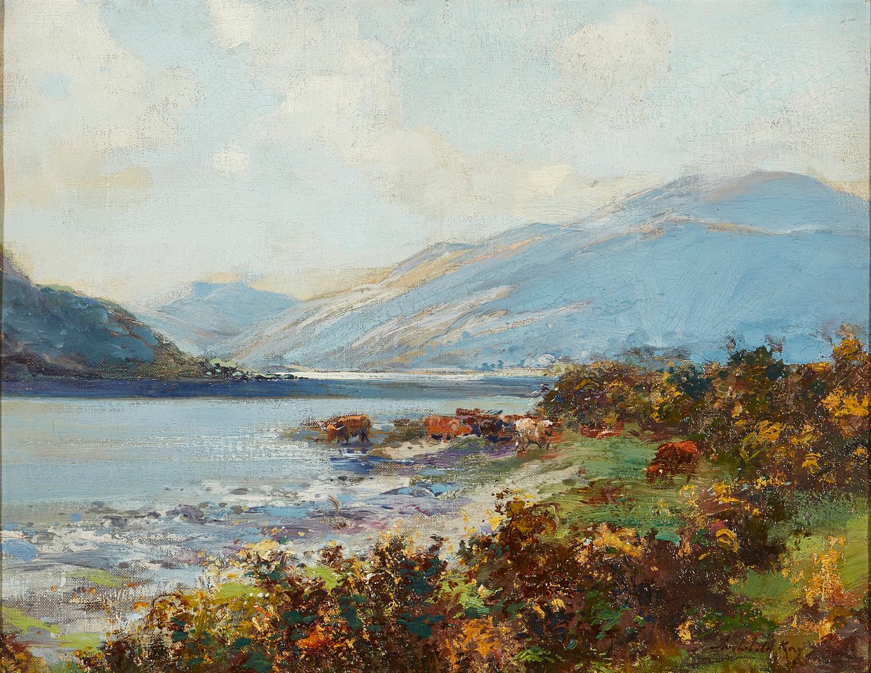 Cena das Terras Altas com Rega de Gado (óleo sobre tela) de Archibald Kay