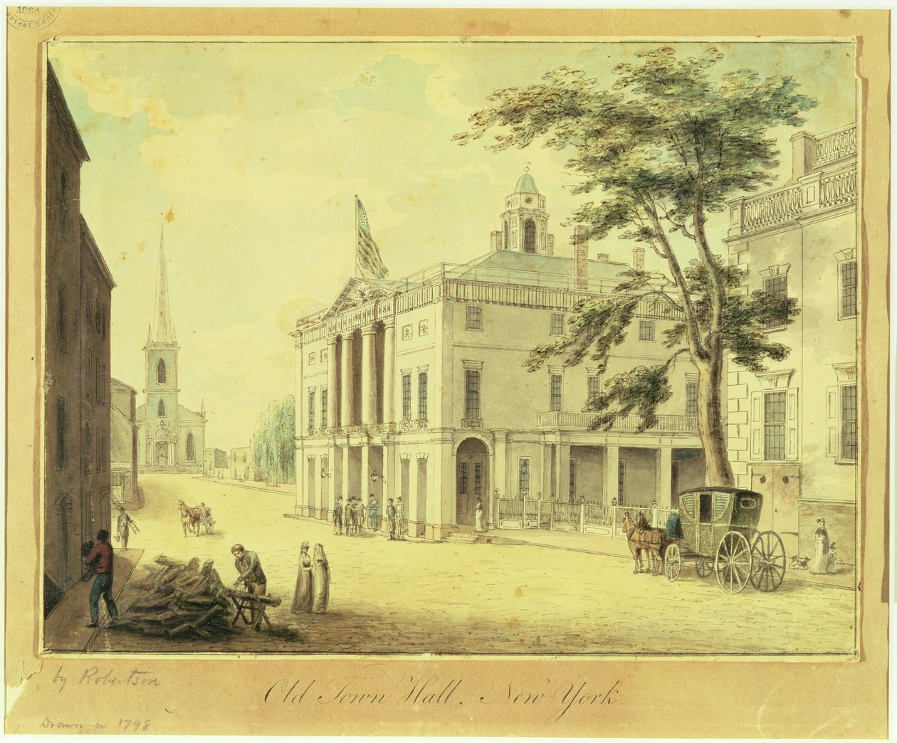 A antiga Câmara Municipal (Federal Hall) Nova York, 1798 (grafite, caneta e tinta sobre papel) de Archibald Robertson