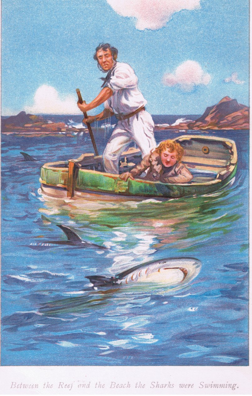 Entre o recife e a praia, os tubarões nadavam, em 1900 de Archibald Webb