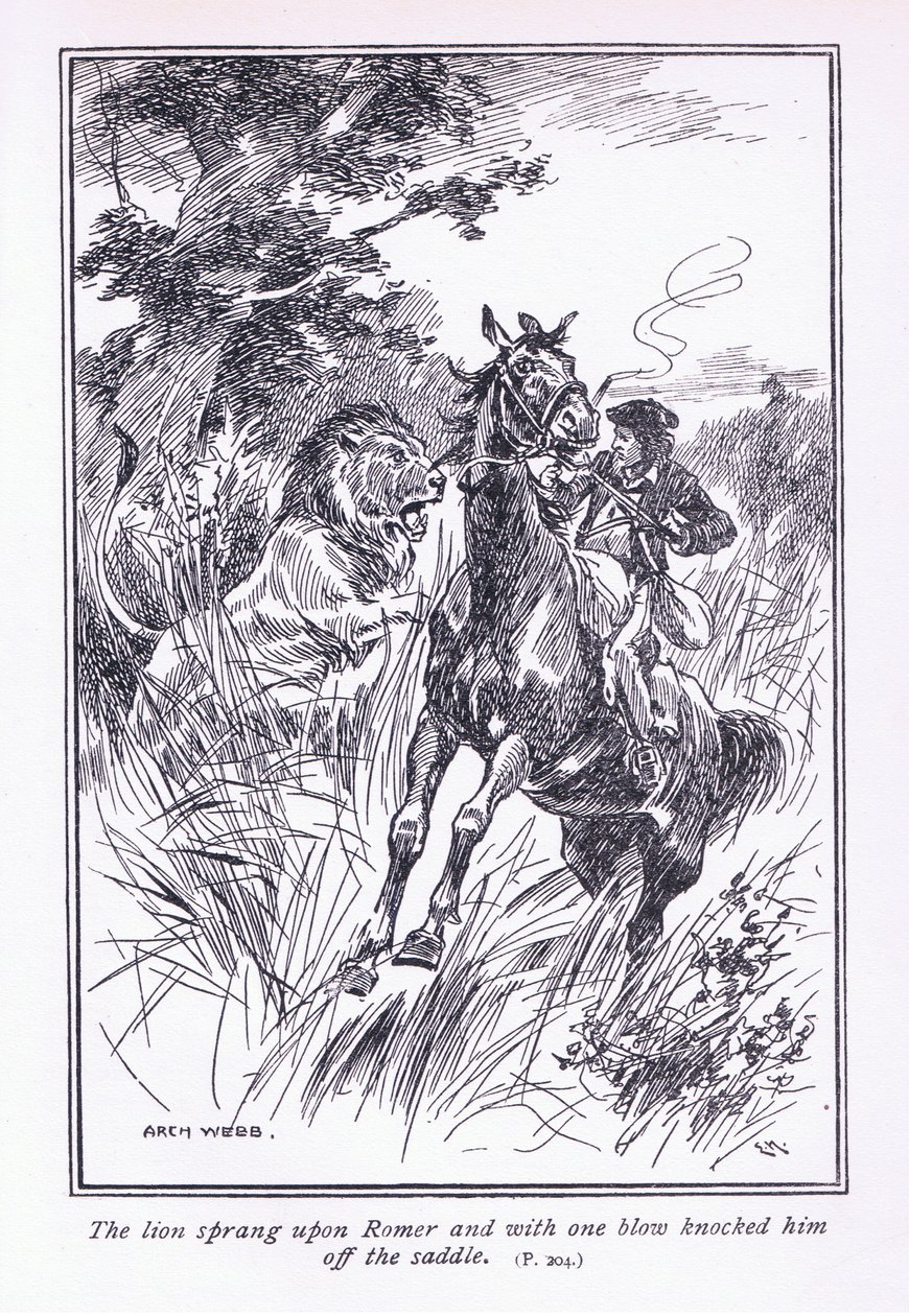O leão saltou sobre Romer e com um golpe o derrubou da sela, de 1900 de Archibald Webb