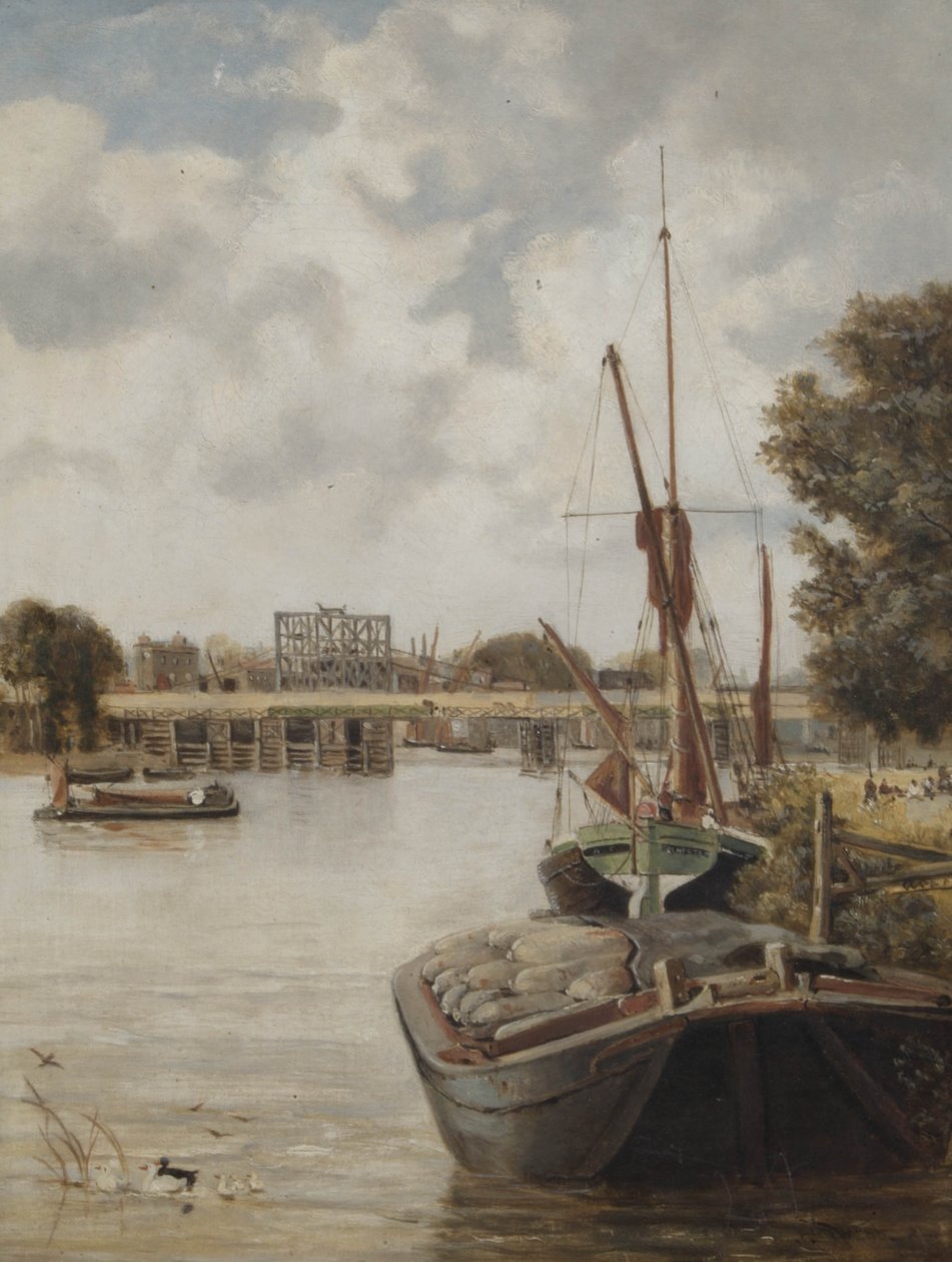 A presente Hammersmith Bridge em construção mostrando a ponte temporária, 1886 de Archibald Webb