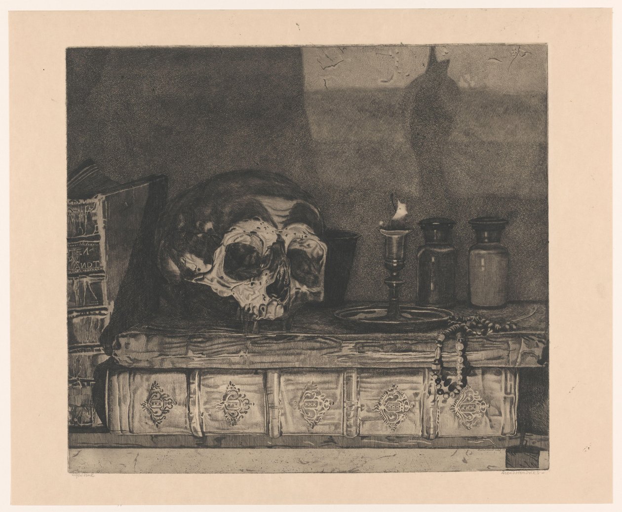 Natureza morta com crânio de Arend Hendriks (signed by artist)
